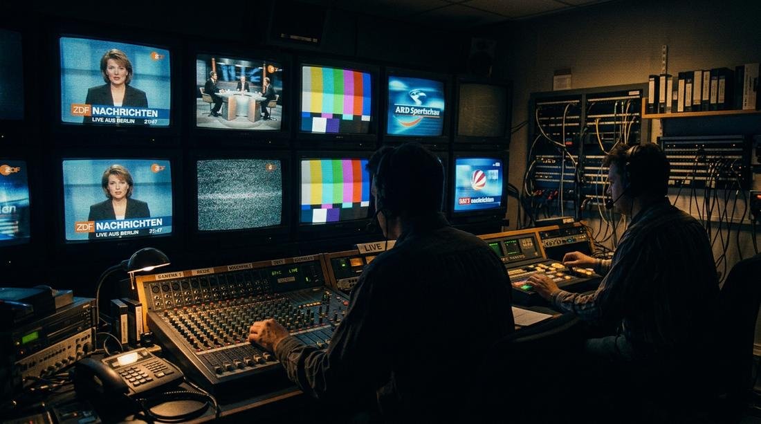 Regieraum eines deutschen Fernsehsenders in den 1990er-Jahren